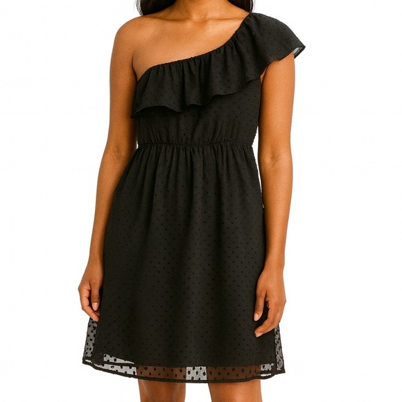 Shoshanna Black Ruffled One Shoulder Textured Polka Dot Mini Dress Size 0 NWT - Picture 1 of 13